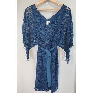 Emma & Michele Teal Blue Lined Lace Fringe Sleeve Dress Boho Fall Feminine Style